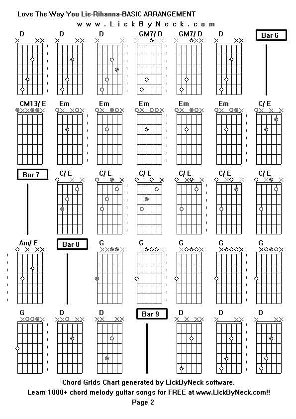 Chord Grids Chart of chord melody fingerstyle guitar song-Love The Way You Lie-Rihanna-BASIC ARRANGEMENT,generated by LickByNeck software.